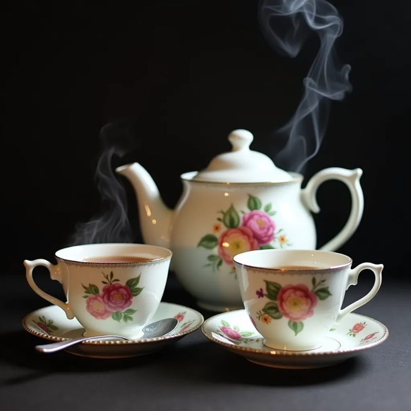 Une théière et 2 tasses de thé en porcelaine de style British. De la fumée s'échappe des 2 tasses.