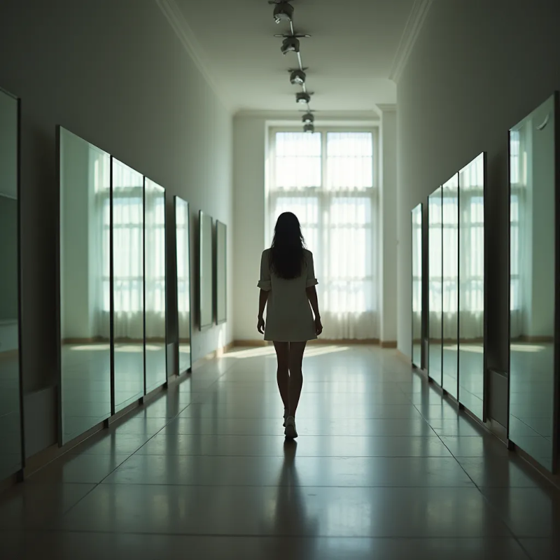 Une femme marche dans un couloir plein de miroirs